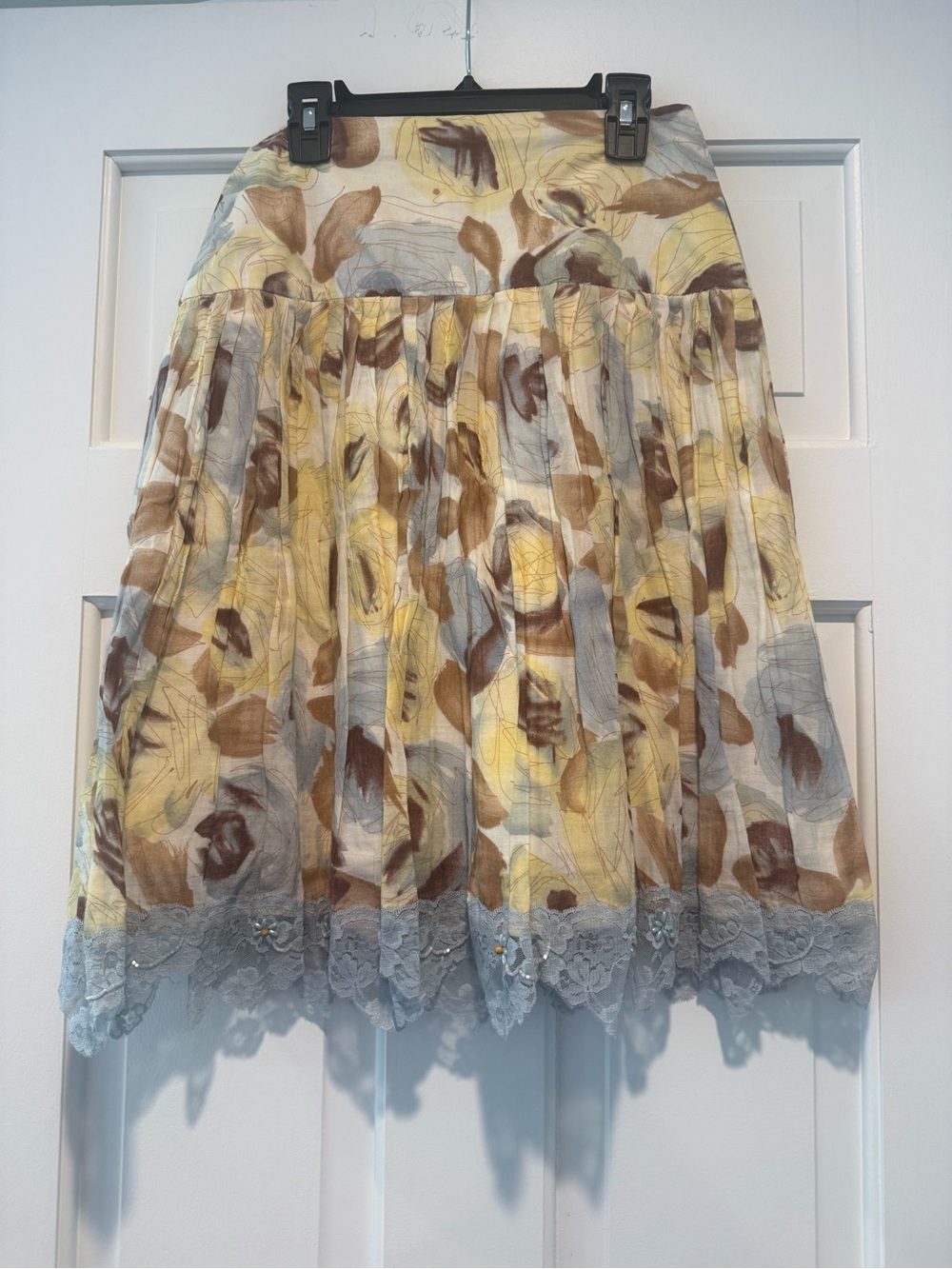 Hale Bob Yellow, Brown and Blue Floral Pleated Skirt with Lace Hem
